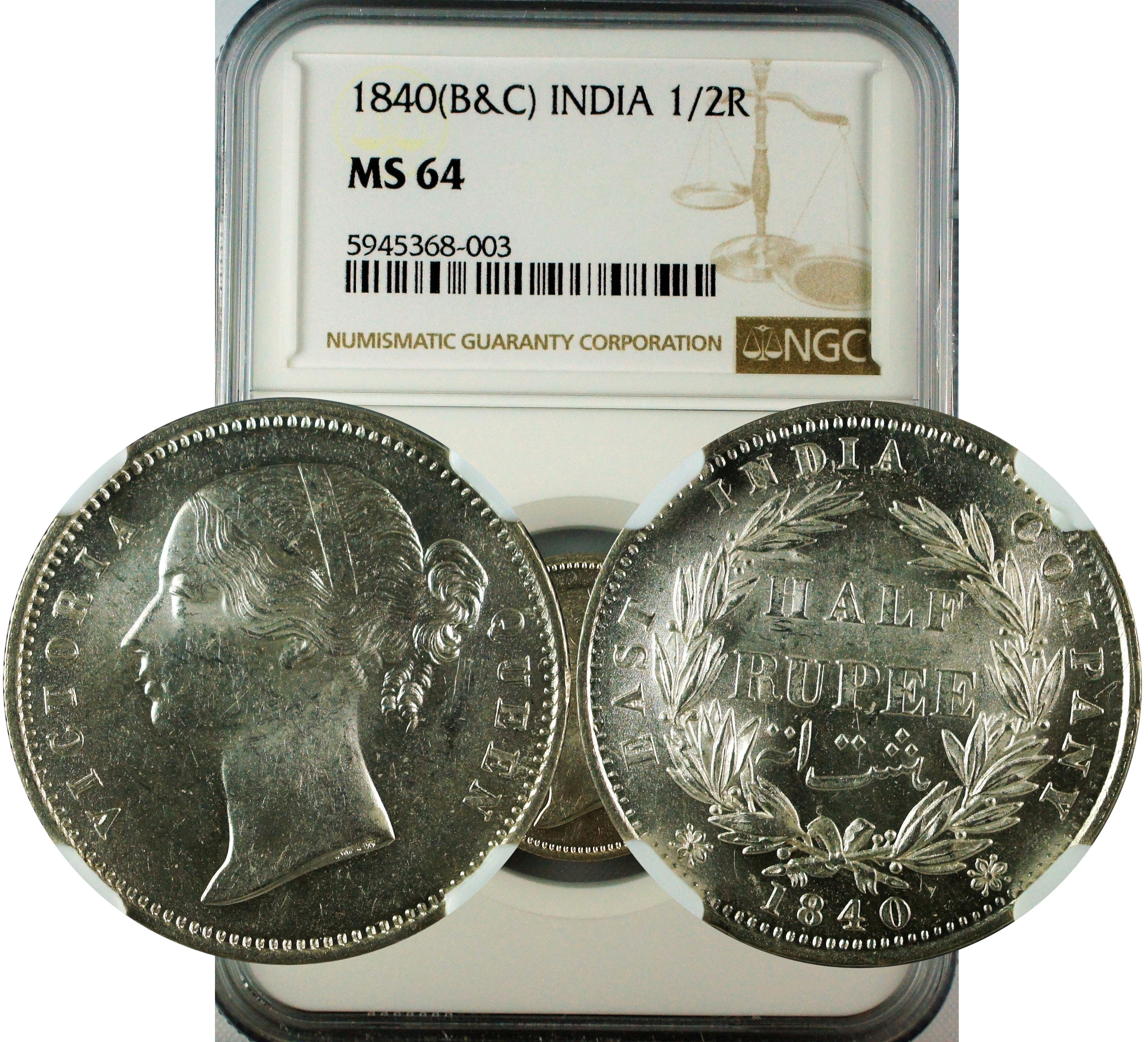 India 1840 B&C 1/2 Rupee DL NGC MS64