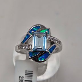 Silver Blue Topaz Ocean Blue Fire Opal Ring Size 8 - NEW