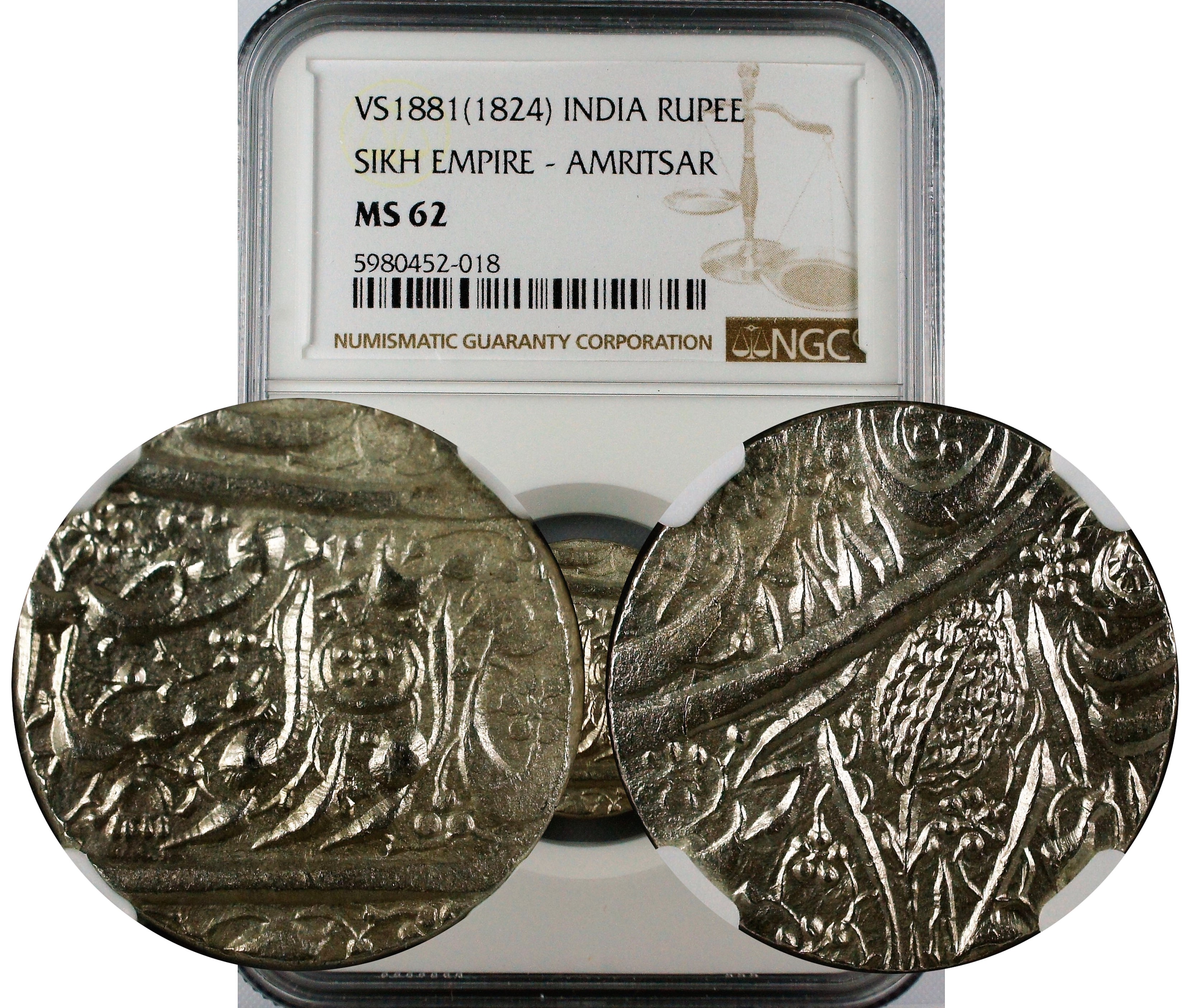 India Sikh Empire VS1881//1824 Rupee NGC MS62 Amritsar Mint