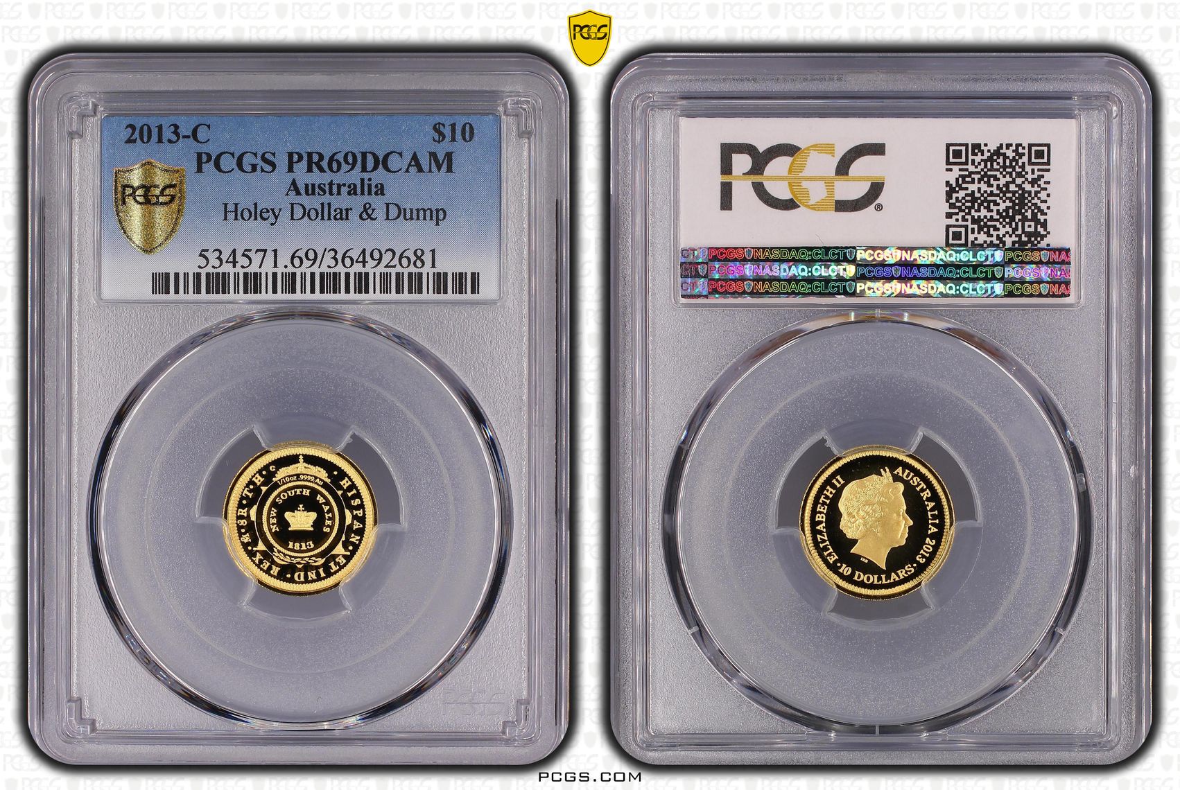 Holey Dollar & Dump, 1/10oz Gold, POP 2/0, Ten Dollar, 2013-C, PCGS PR69DCAM