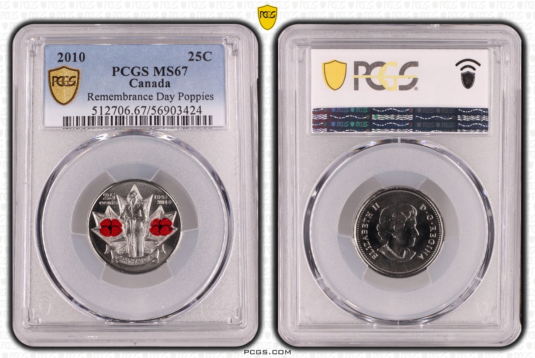Canada, Remembrance Day Poppies, Twenty Five Cent, 2010, PCGS MS67