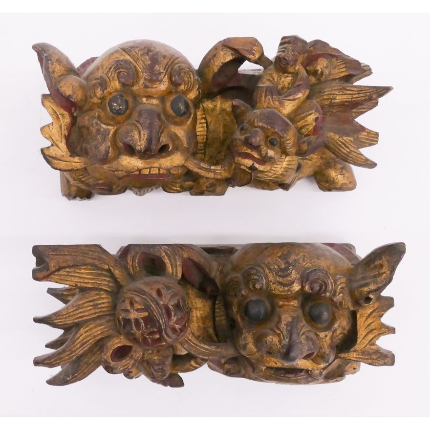 Pair Old Chinese Gilt Lacquered Wood Temple Foo Dog Panels- 7''