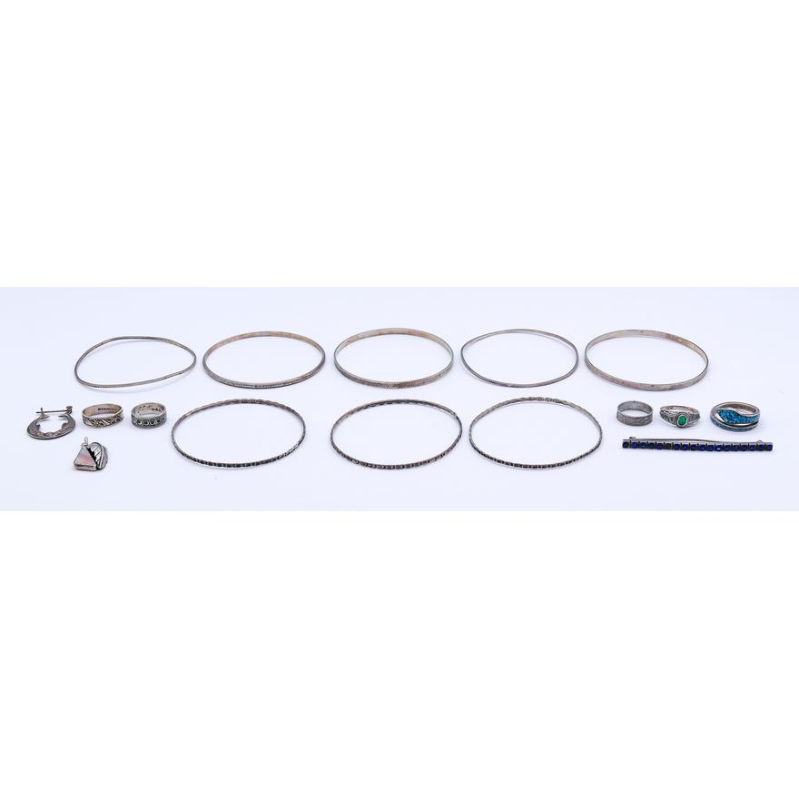 Box Old Sterling Bangle Bracelets and Rings - 68 grams TW