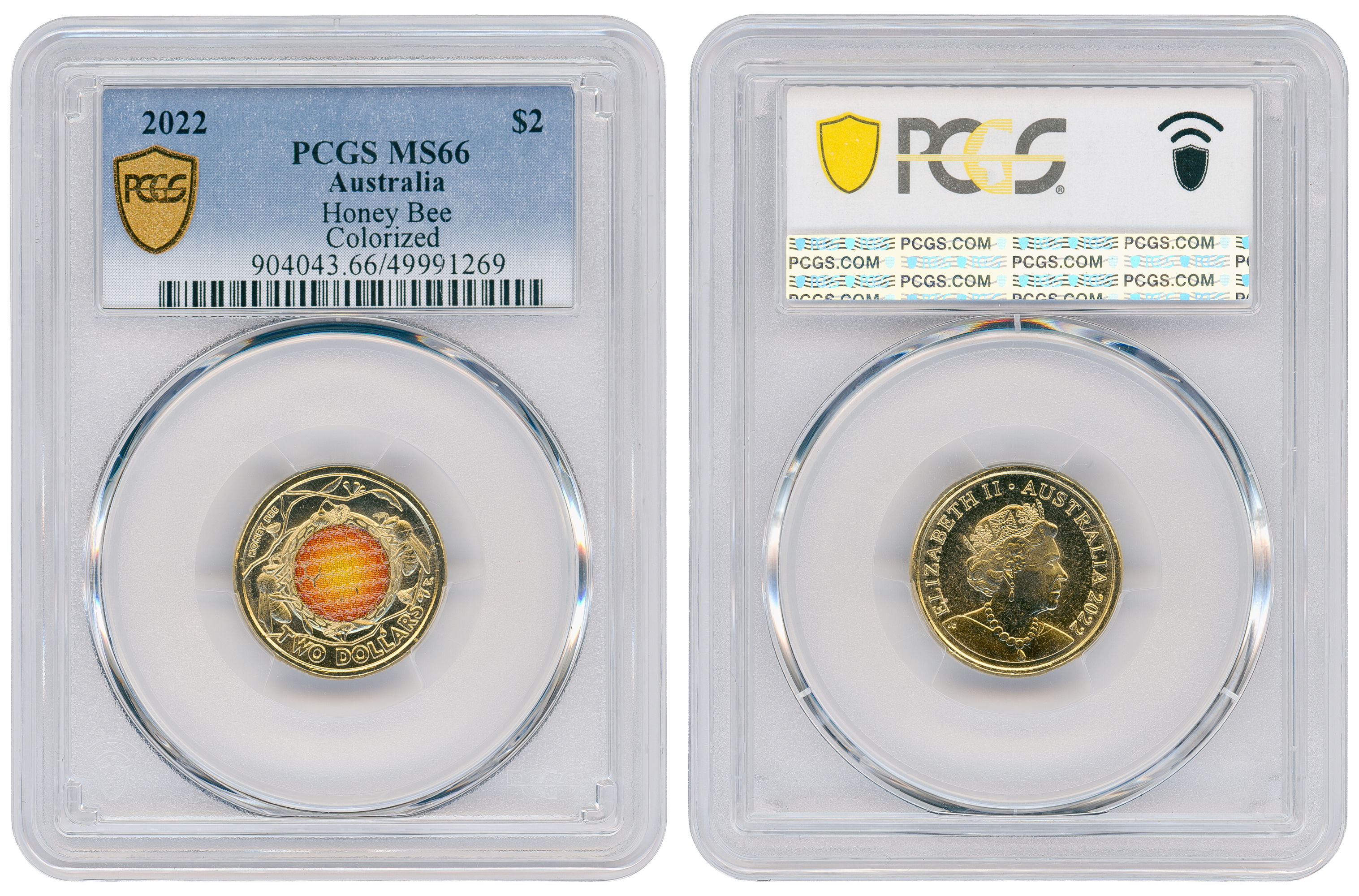 Honey Bee Colourised, Two Dollar, 2022, PCGS MS66