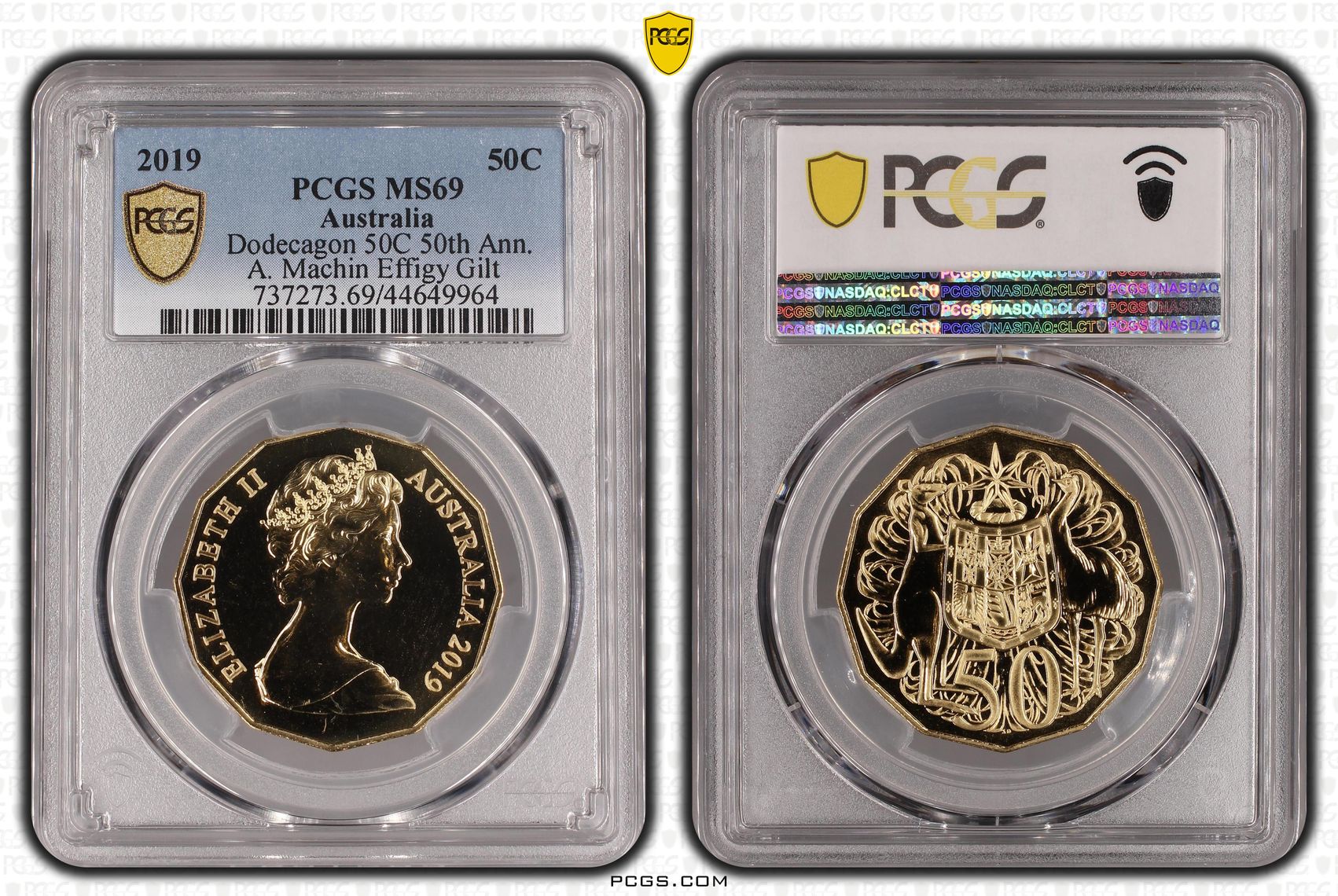 2019 Australia Fifty Cent, 50c Dodecagon 50C 50th Ann. A. Machin Effigy Gilt PCGS - MS69 -964