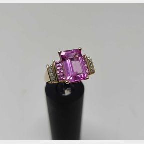 10K Gold Emerald Cut Pink Sapphire or Tourmaline Diamond Ladies Ring Size 7