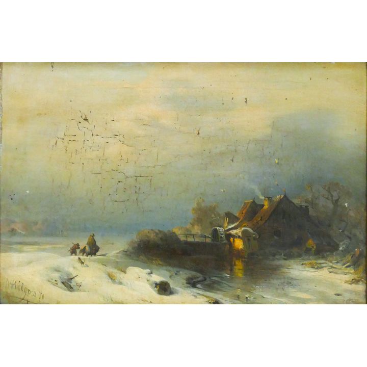 Carl Hilgers (1818-1890 Germany) 'Frozen River' Oil on Canvas, 1870.