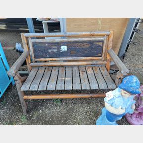 Heavy wood carved bench seat with metal frame insert back
