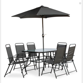 8 PIECE OUTDOOR DINING ROUND GLASS PATIO TABLE CHAIR UMBRELLA SET - BLACK - HGS-8153