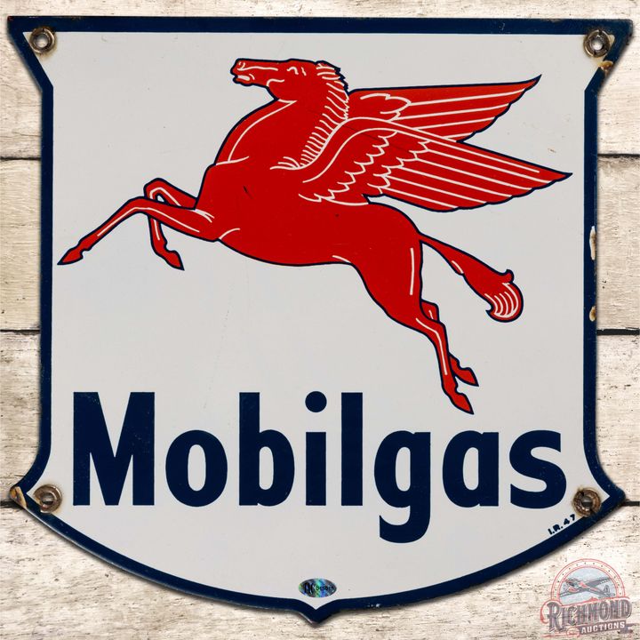 1947 Mobilgas SS Porcelain Gas Pump Plate Sign w/ Pegasus