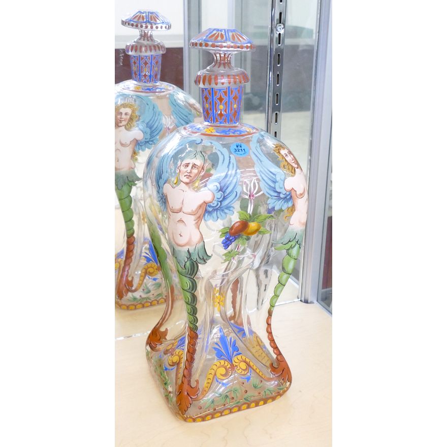 Continental Ornate Enameled Pinched Glass Decanter 14.5''