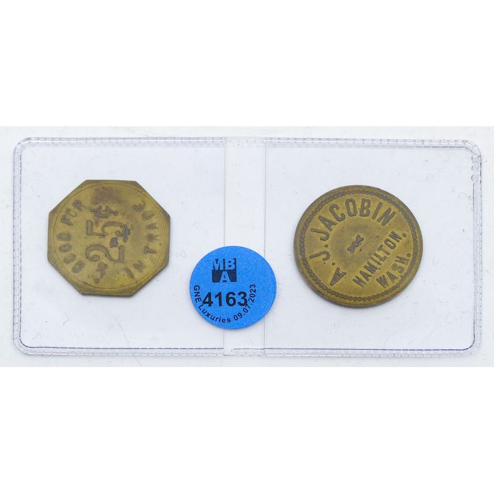 2pc Antique 25 & 50 Cent Brass Trade Tokens