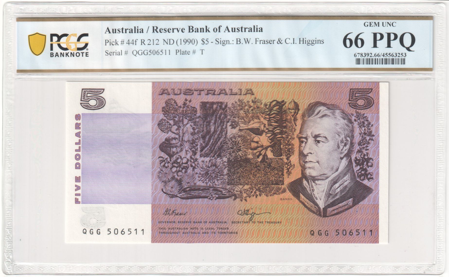 R. 212, Reserve Bank of Australia, Sign.: B.W. Fraser & C.I. Higgins, Five Dollar, ND (1990), PCGS - Gem UNC 66 PPQ