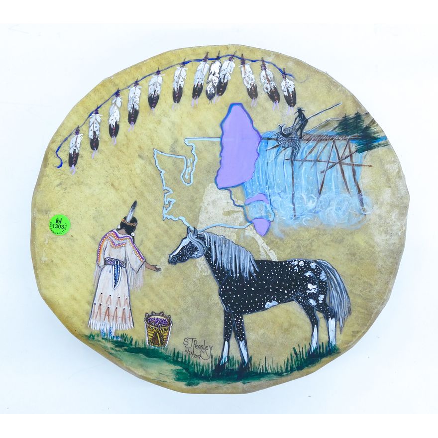 S.J. Peasley (Colville) Painted Indian Scene Drum 14''