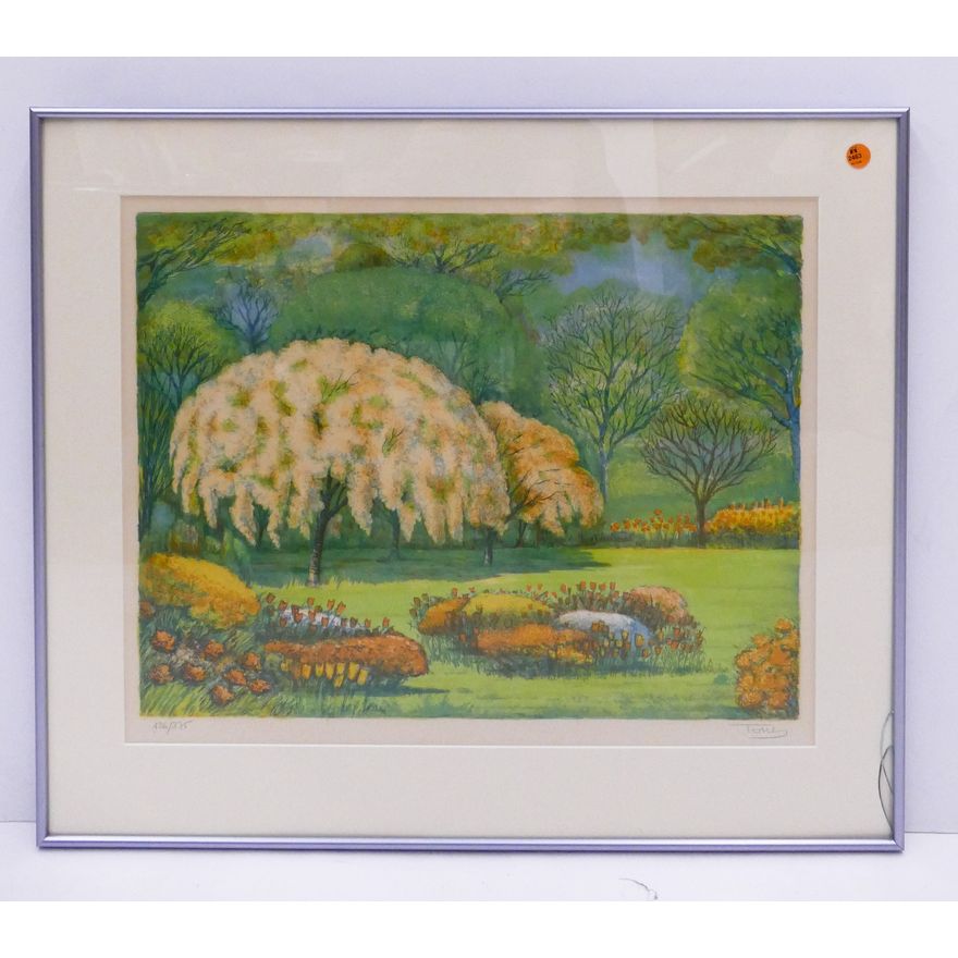 Garden Scene S/N Lithograph signed Tone. Framed. Break to glass at lower right corner. Measures 24x28''