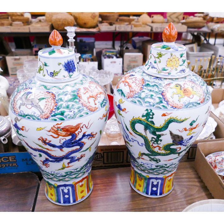 Pair Chinese Doucai Porcelain Lidded Dragon Jars- 18''