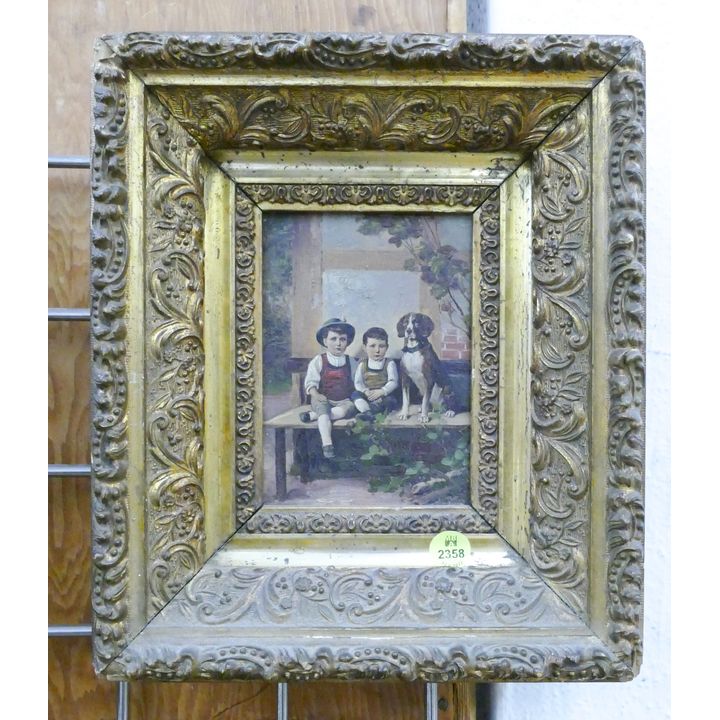 Antique Boys with Dog Small Painting on Panel Ornately Framed- 11x9''