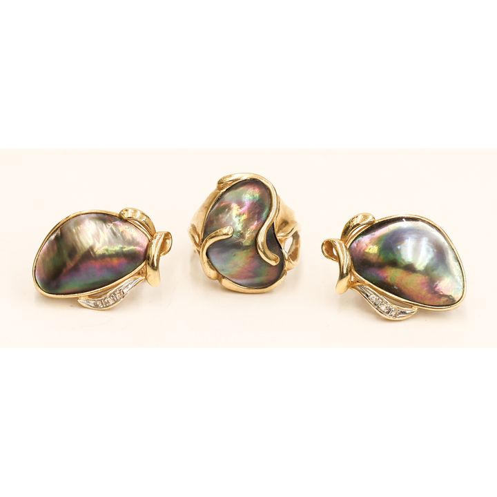Ladies 14k Abalone Modernist Ring and Earring Set