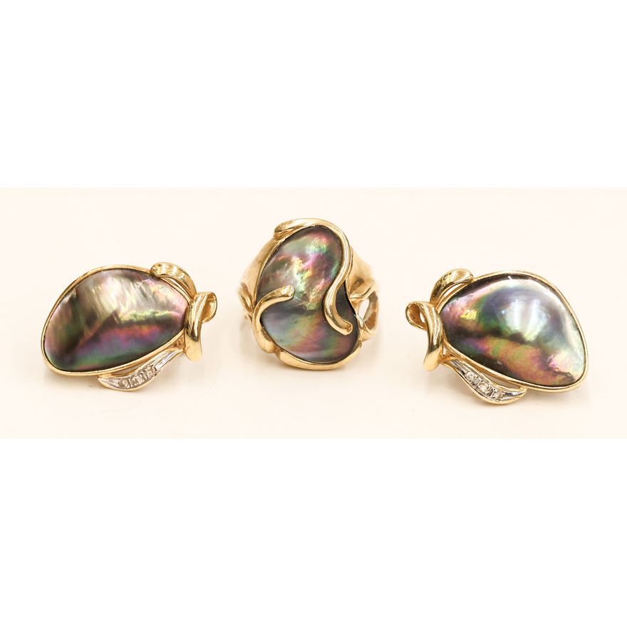 Ladies 14k Abalone Modernist Ring and Earring Set