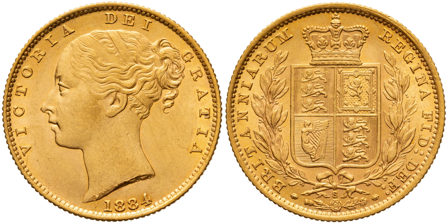 Victoria, Shield Reverse - Young Head, Sovereign, 1884-S, UNC