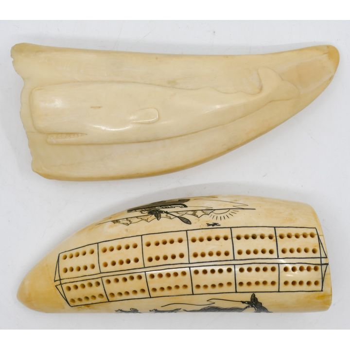 2pc Inuit Scrimshawed Cribbage Board & Relief Carved Tooth 6''