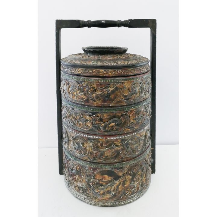 Old Thai Gilt Jeweled Stacking Food Box- 19x12''