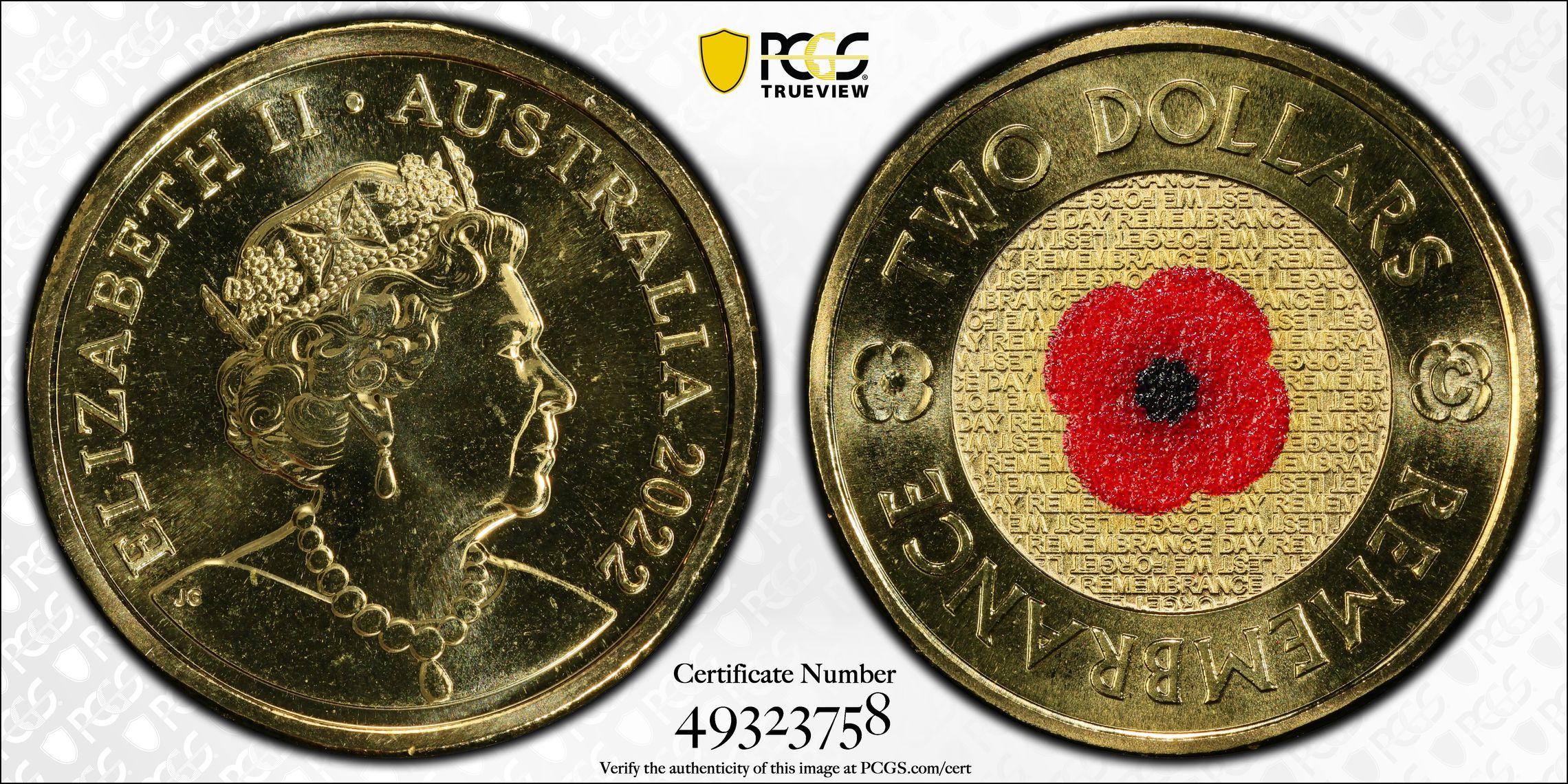 Remembrance Day Colourised, Two Dollar, 2022-C, PCGS MS68