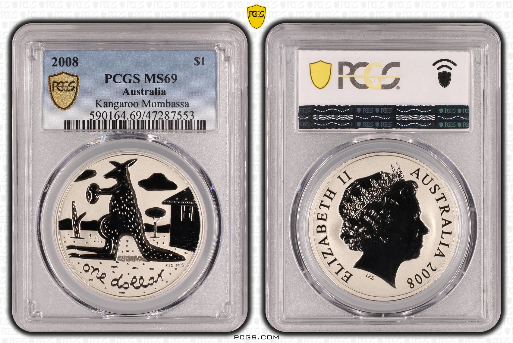 Elizabeth II, Kangaroo Mombassa, One Dollar, 2008, PCGS MS69