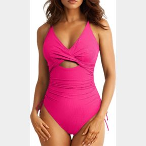 ALEUMDR WOMEN'S RIBBED ONE PIECE SWIMSUIT TUMMY CONTROL HIGH CUT BATHING SUIT V NECK CRISS CROSS MONIKINI SZ LG