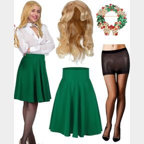 4 PCS CHRISTMAS WOMEN 1980S MOVIE COSTUME BLONDE WIG CHRISTMAS BROOCH GREEN SKIRT TIGHTS FOR HALLOWEEN HOLIDAY