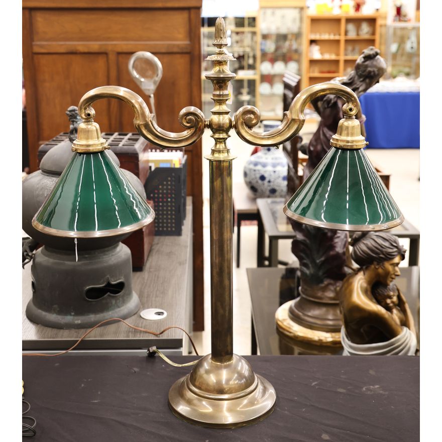 Antique Brass Double Green Shade Banker's Lamp 30''x28''