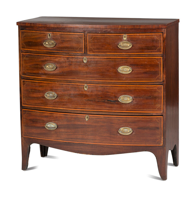 A Regency Satinwood-Inlaid Mahogany Bowfront Chest of Drawers