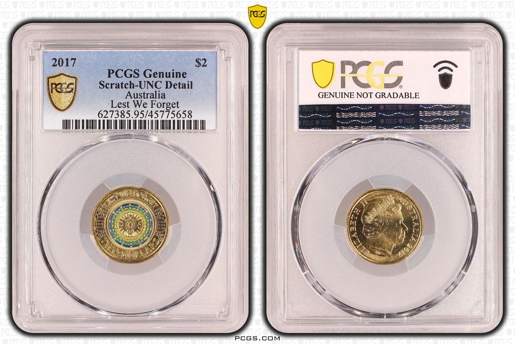 Elizabeth II, Lest We Forget, Two Dollar, 2017, PCGS Genuine - UNC Details (95 - Scratch)