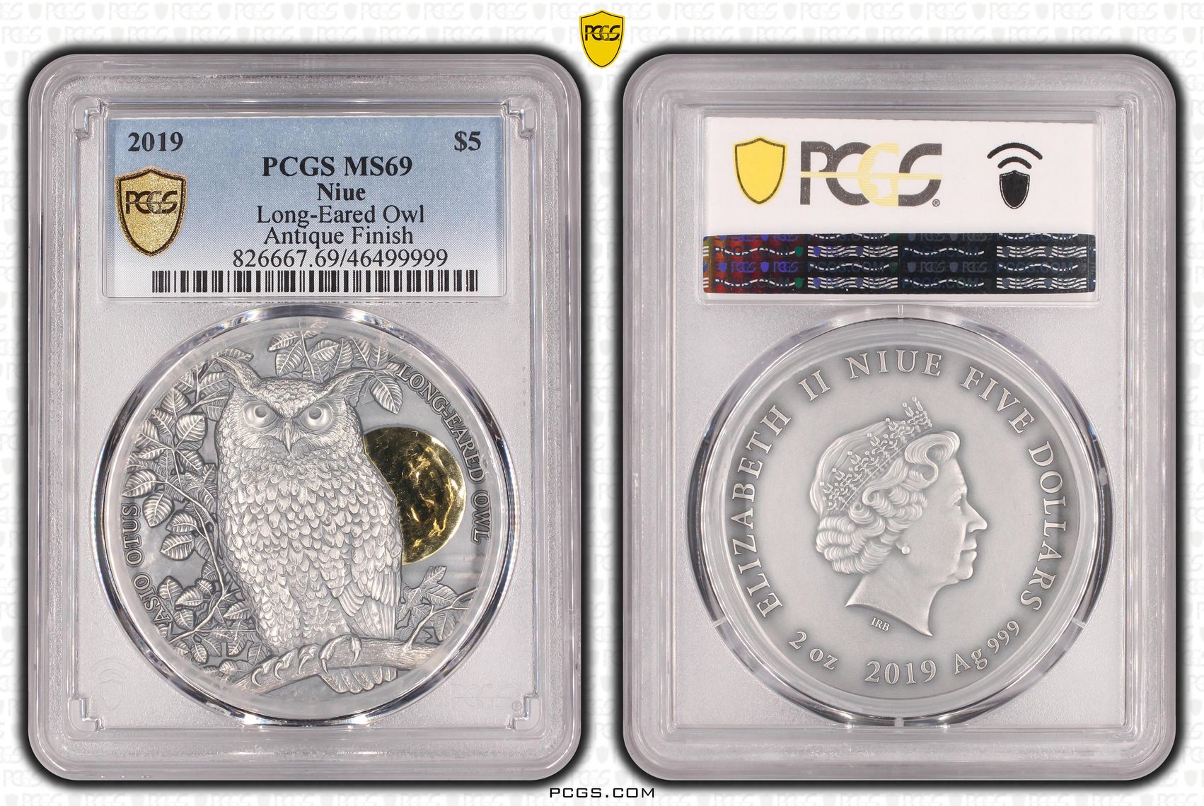 Niue, Long-Eared Owl Antique Finish, POP 1/0, Five Dollar, 2019, PCGS MS69