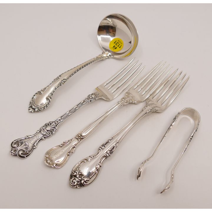 5pc Gorham Sterling Forks, Ladle, and Sugar Tongs- 228g TW