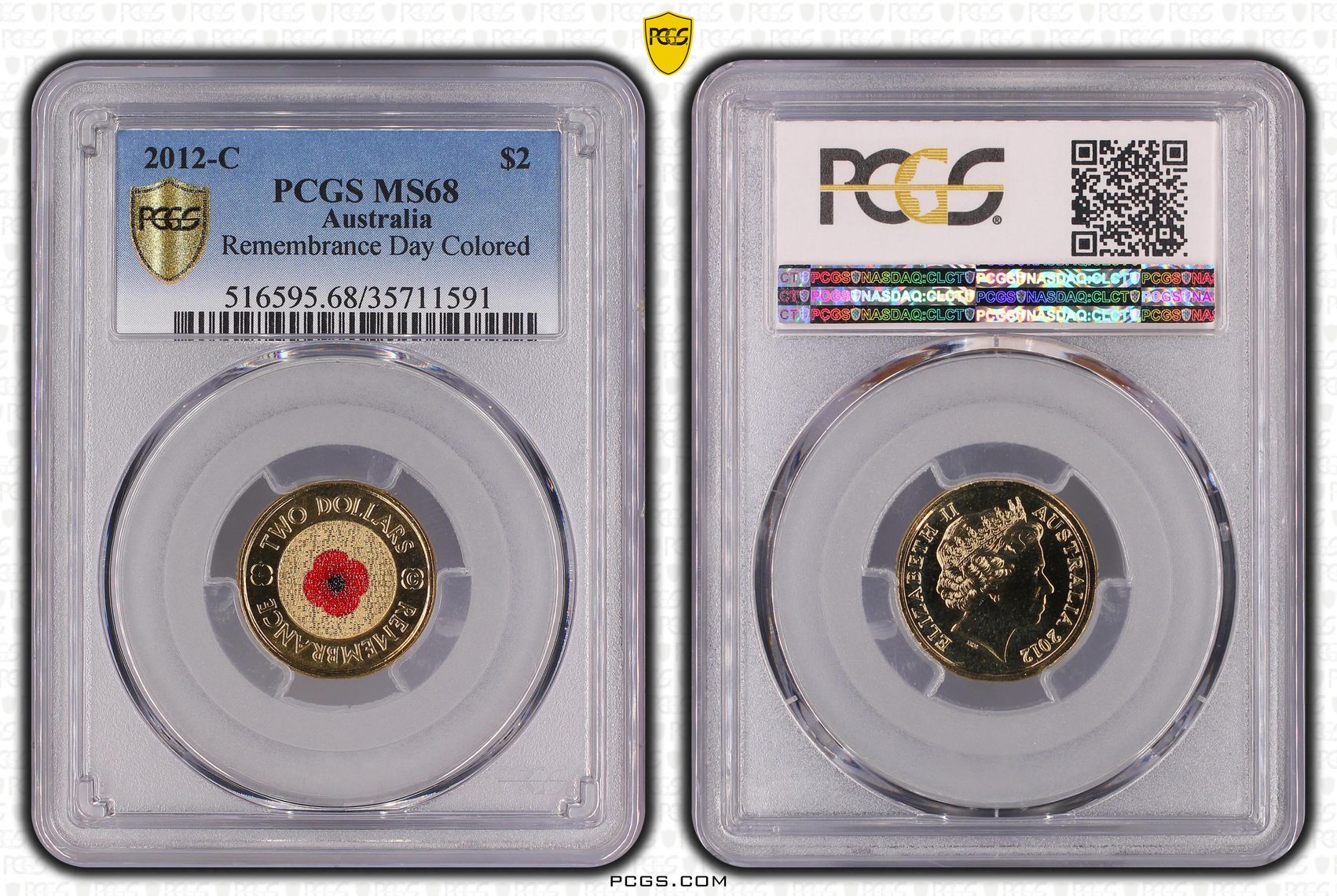 Remembrance Day Colorized Red Poppy, Two Dollar, 2012-C, PCGS MS68