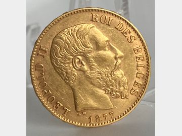 1877 BELGIUM LEOPOLD II GOLD 20 FRANC COIN