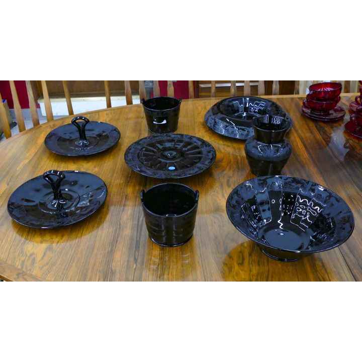 8pc Paden City Black Forest Glass Serving Pieces 5'' to 13''