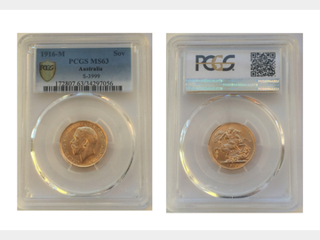 1916 King George V Melbourne Mint Gold Sovereign. PCGS MS63