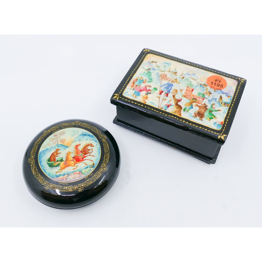2pc Russian Fairy Tale Lacquered Boxes- 3.5'' and 4''