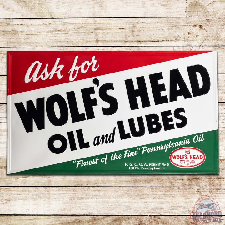 1964 Ask for Wolf's Head Motor Oil Embossed SST Sign w/ Logo