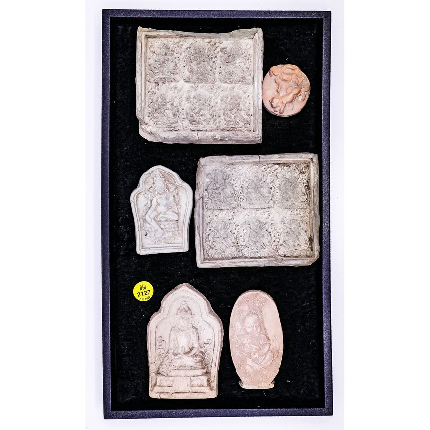 Tray 6pc Old Tibetan Ceramic Buddhist Icons- largest 4.5''