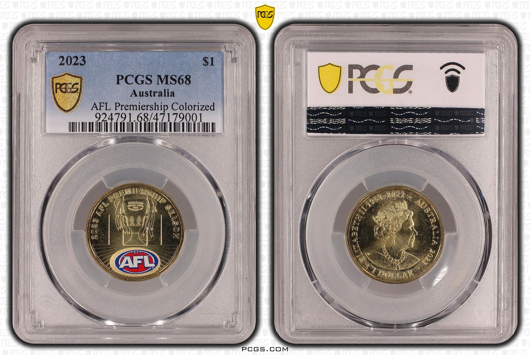 334 · Elizabeth II, AFL Premiership Colorized, One Dollar, 2023, PCGS MS68
