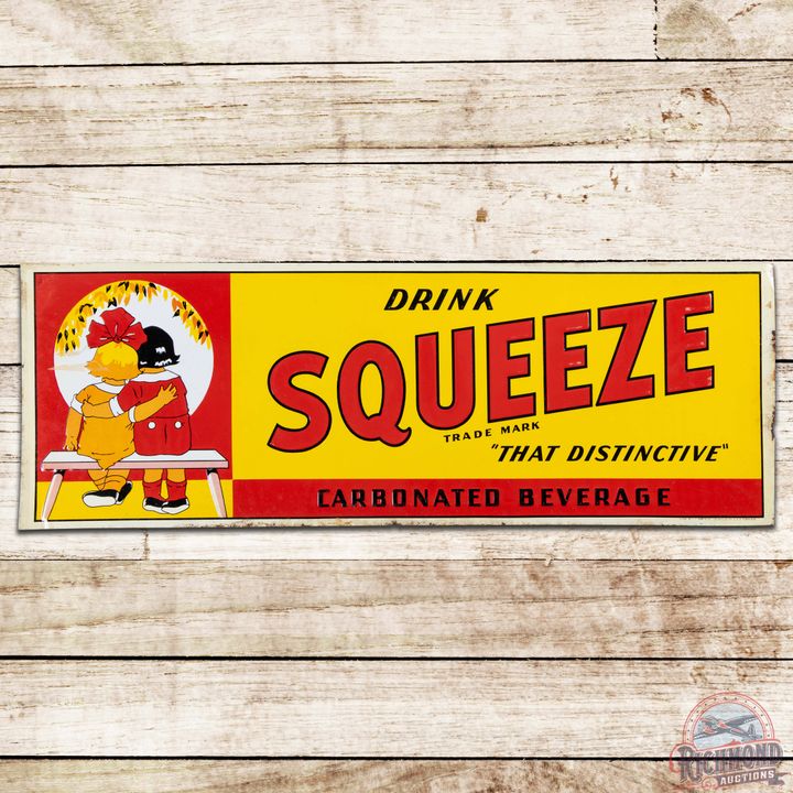 NOS Drink Squeeze Emb. Single Sided Tin Sign w/ Kids