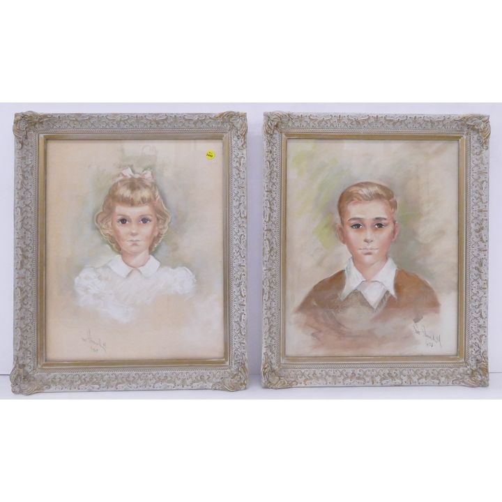 Pair Vintage Children Portrait Pastel Paintings- 24x20'' Framed (each)