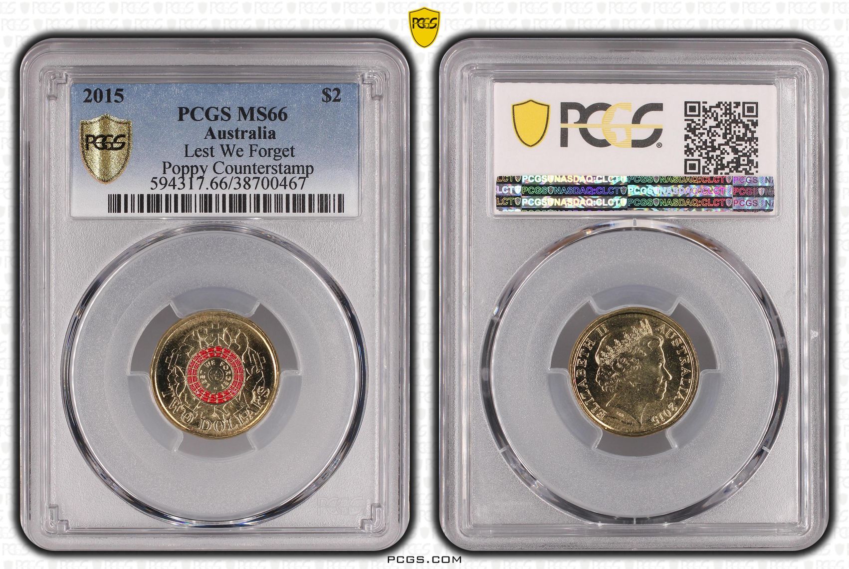 Lest We Forget Colorized Poppy counterstamp, Two Dollar, 2015, PCGS MS66