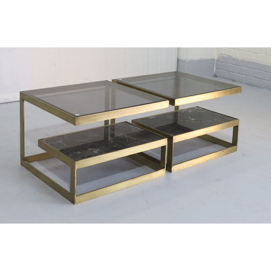 PAIR OF MARBLE AND GLASS TOP TWO-TIER BRASS SIDE TABLES