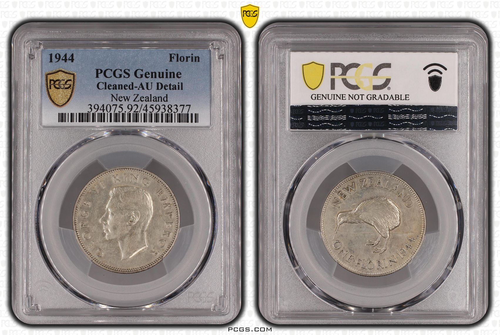 1944 New Zealand Florin Silver PCGS - Genuine - AU Details (92 - Cleaned) -377