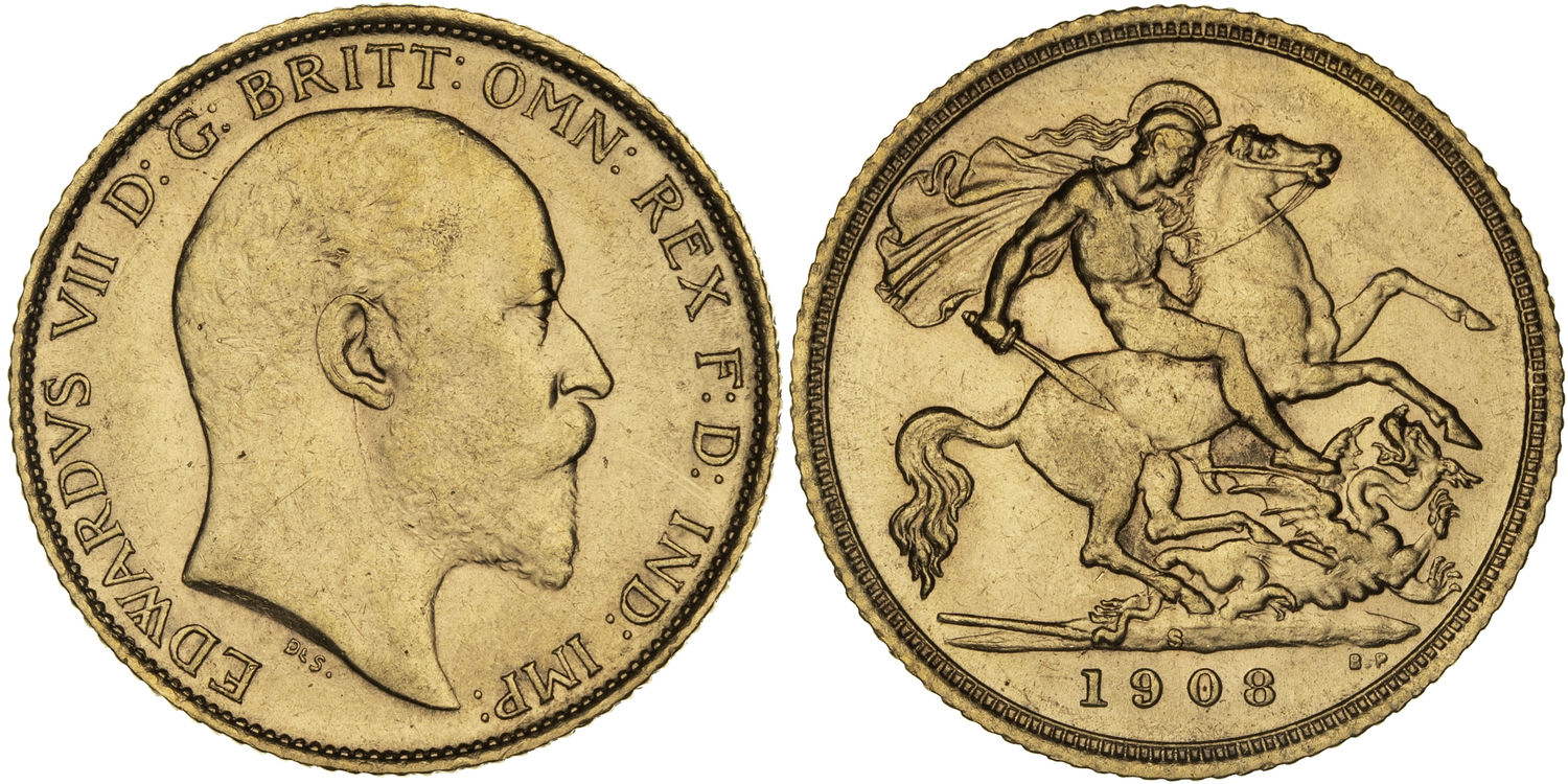 Edward VII, St George Reverse , Half Sovereign, 1908-S, gVF