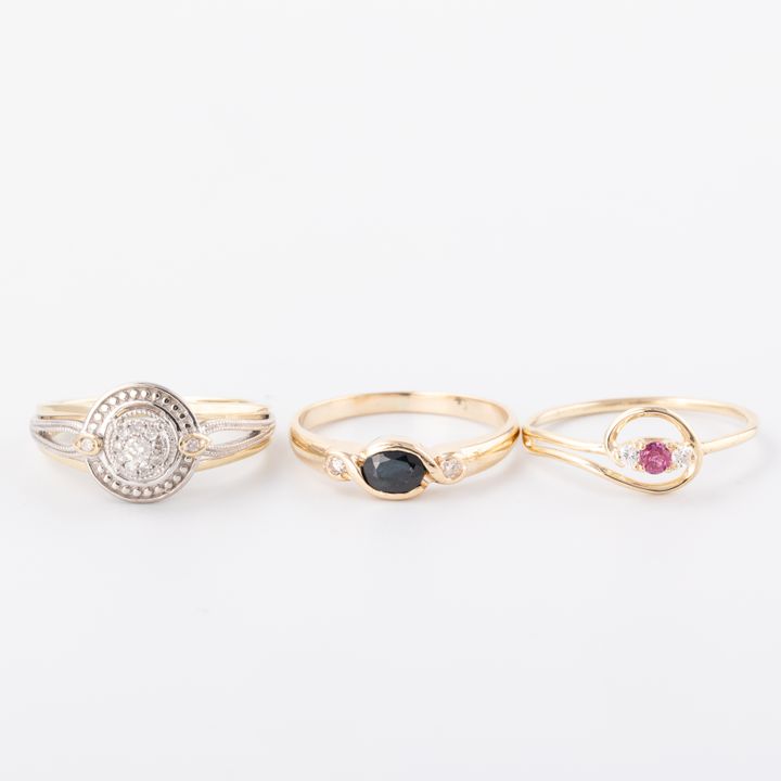 Three Diamond, Sapphire & Ruby Rings